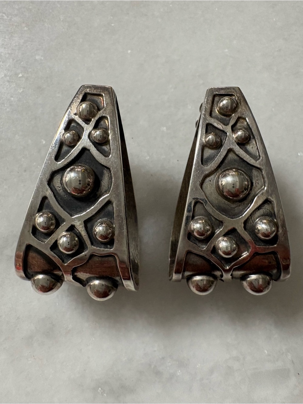 Vintage Mexican Sterling Silver Large Sculptural Dome Clip-On Earrings.